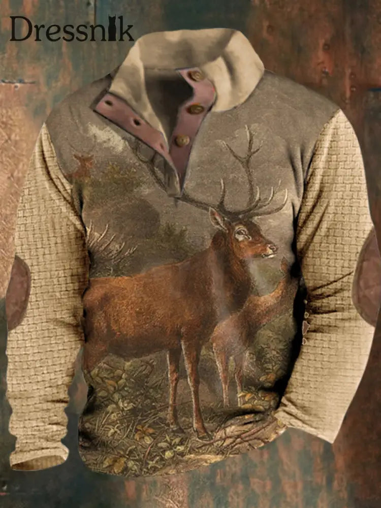 Waffel-Sweatshirt mit klassischem Druck für Herren locker Stehkragen mit Reiß verschluss A / S