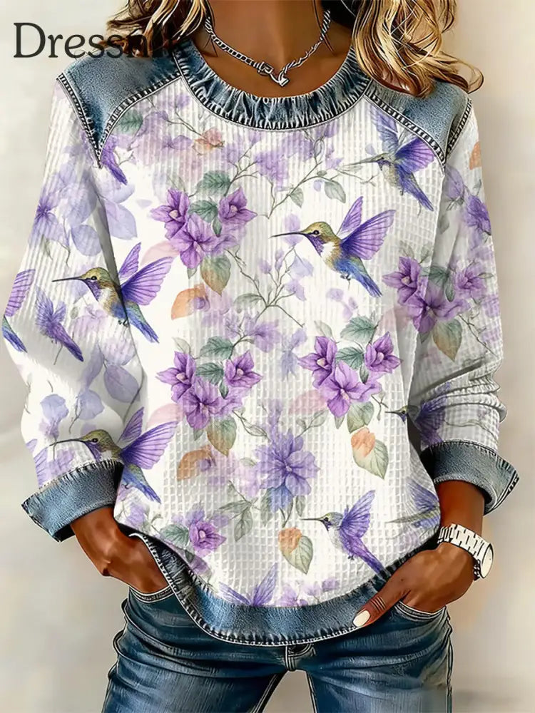 Waffel-Sweatshirt mit lila Flora Kunstdruck für Damen als bild / S