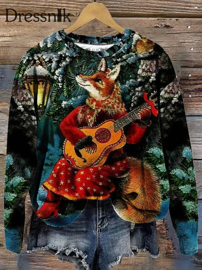 Weihnachten Retro Fox Print Modische Rundhals Pullover Langarm Sweatshirt