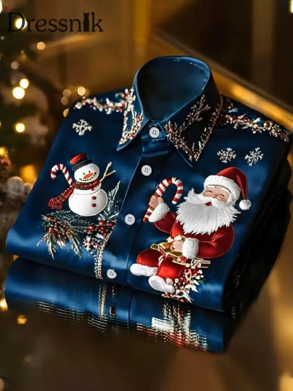 Weihnachts bedrucktes Satin-Shirt für Männer Marineblau / S