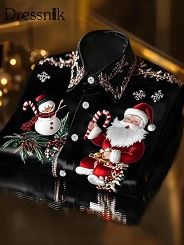 Weihnachts bedrucktes Satin-Shirt für Männer Schwarz / S