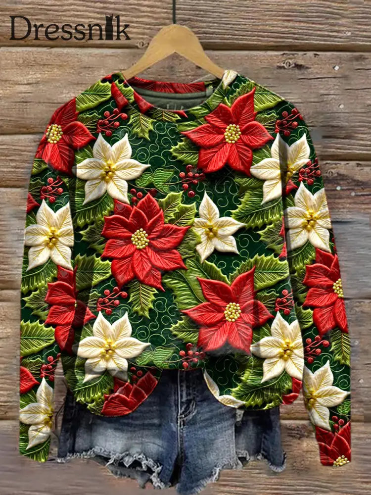 Weihnachts Blume Holly Besticktes Muster Bedrucktes Lässiges Sweatshirt