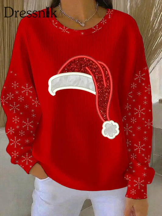 Weihnachts weihnachts mütze mit geripptem Rundhals-Sweatshirt für Damen Rot / S