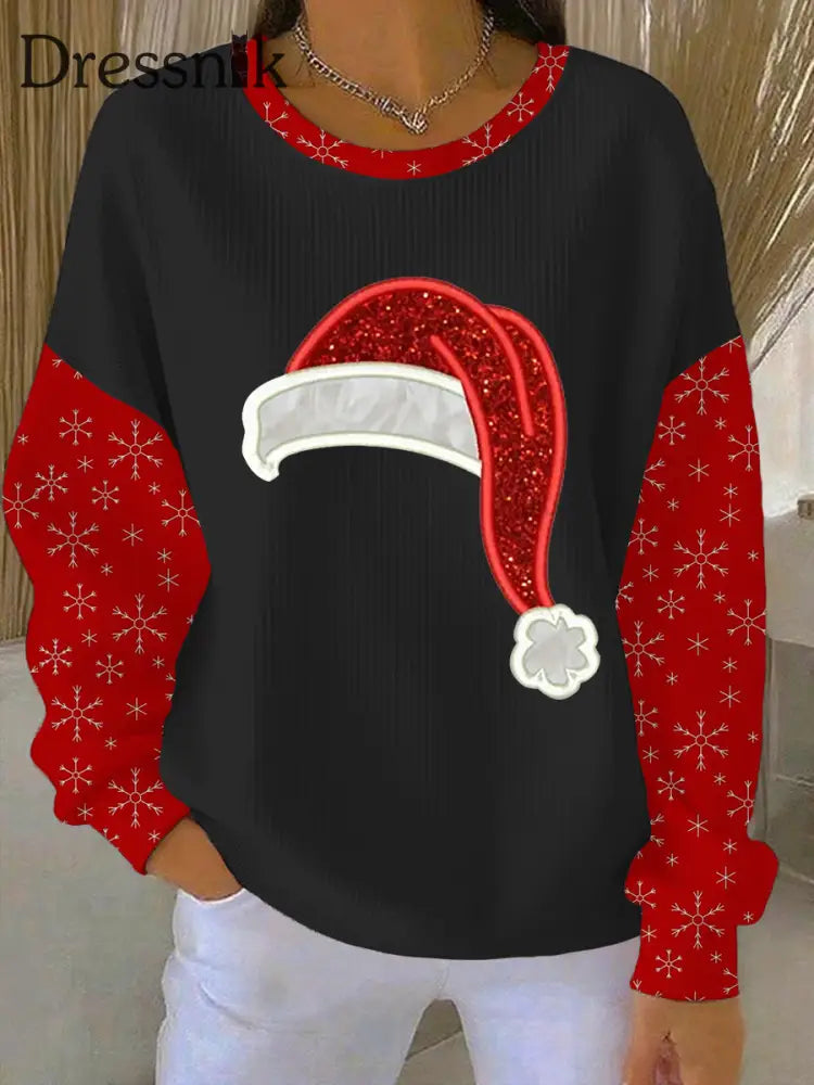Weihnachts weihnachts mütze mit geripptem Rundhals-Sweatshirt für Damen Schwarz / S