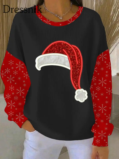 Weihnachts weihnachts mütze mit geripptem Rundhals-Sweatshirt für Damen Schwarz / S