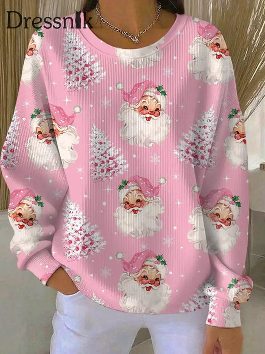 Weihnachtsbaum-Weihnachtsmann-Druck geripptes Rundhals-Sweatshirt für Damen Rosa / S