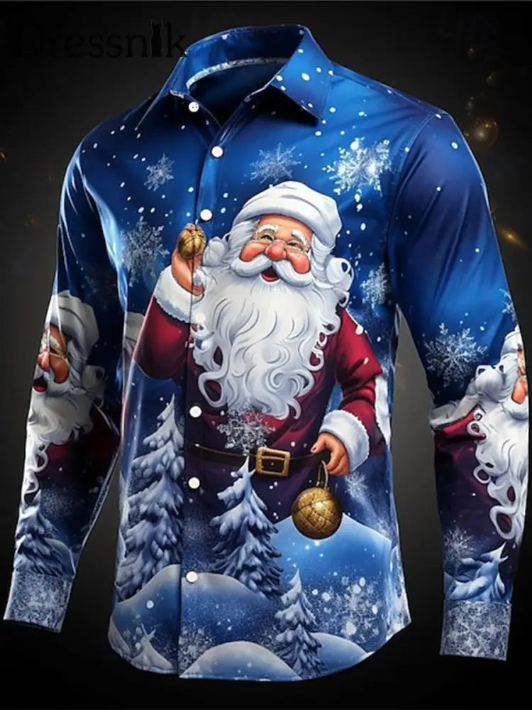 Weihnachtsmann-Druck-Satin-Shirt für Herren blau / S
