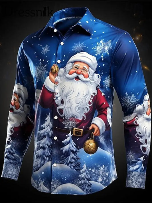 Weihnachtsmann-Druck-Satin-Shirt für Herren blau / S
