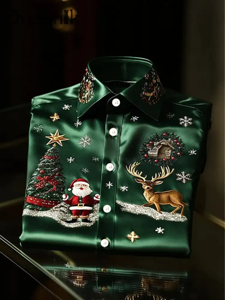 Weihnachtsmann-Druck-Satin-Shirt für Herren Grün / S