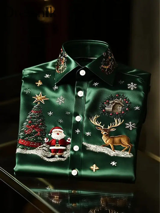 Weihnachtsmann-Druck-Satin-Shirt für Herren Grün / S
