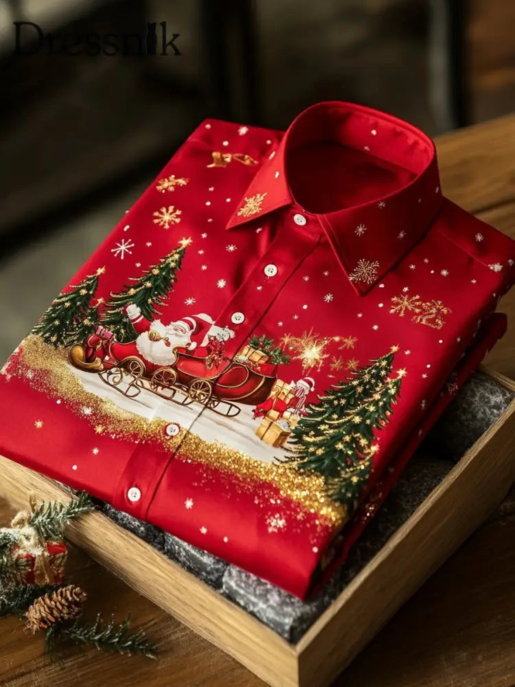 Weihnachtsmann-Druck-Satin-Shirt für Herren Rot / S