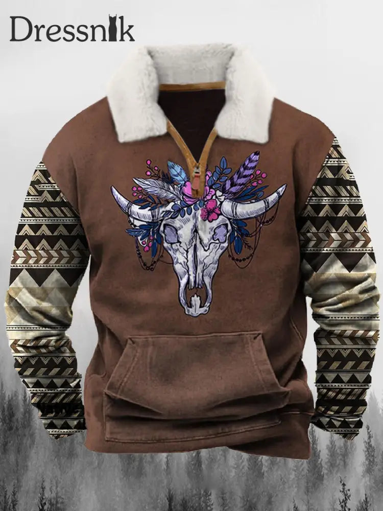 Western Bull Bohemia Bedruckt Revers Fluffy Kragen Reiß Verschluss Lässig Lose Sweatshirt A / S