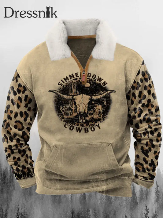 Western Bull Bohemia Leopard Bedruckt Revers Fluffy Kragen Reiß Verschluss Lässig Lose Sweatshirt