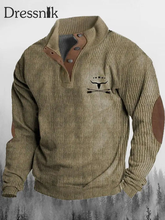 Western Cowboy Bull Bedrucktes Ständer Revers Kragen Knopf Bündig Outdoor Sweatshirt A / S