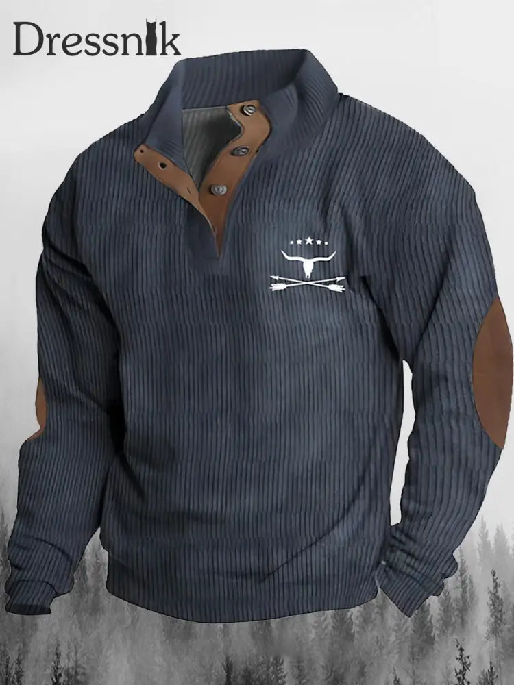 Western Cowboy Bull Bedrucktes Ständer Revers Kragen Knopf Bündig Outdoor Sweatshirt B / S