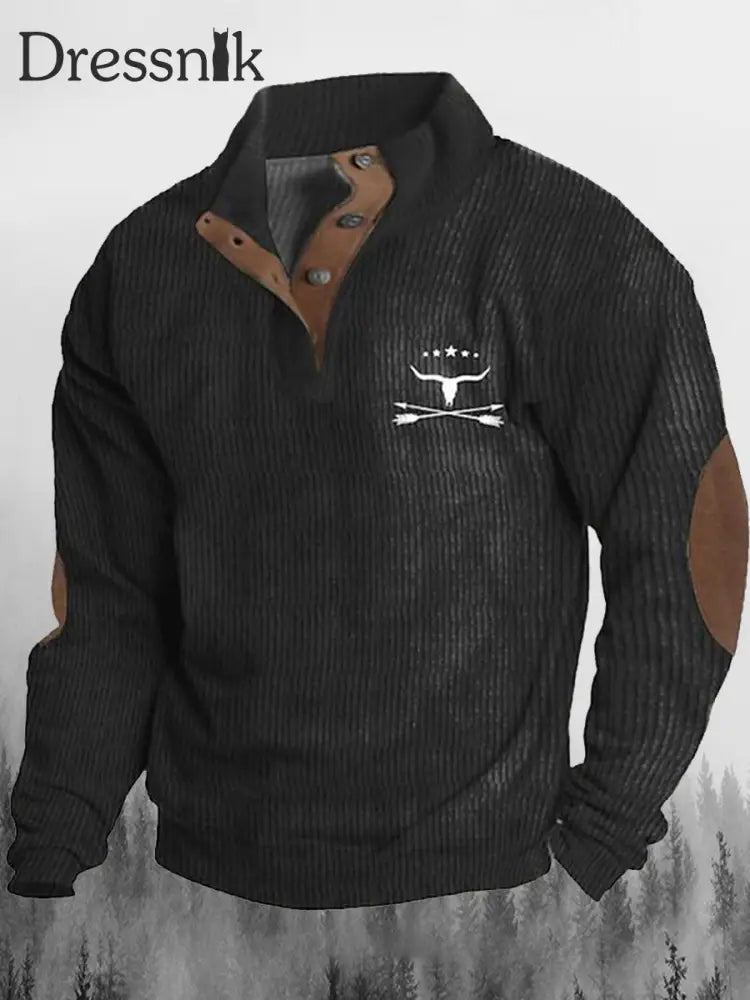 Western Cowboy Bull Bedrucktes Ständer Revers Kragen Knopf Bündig Outdoor Sweatshirt C / S