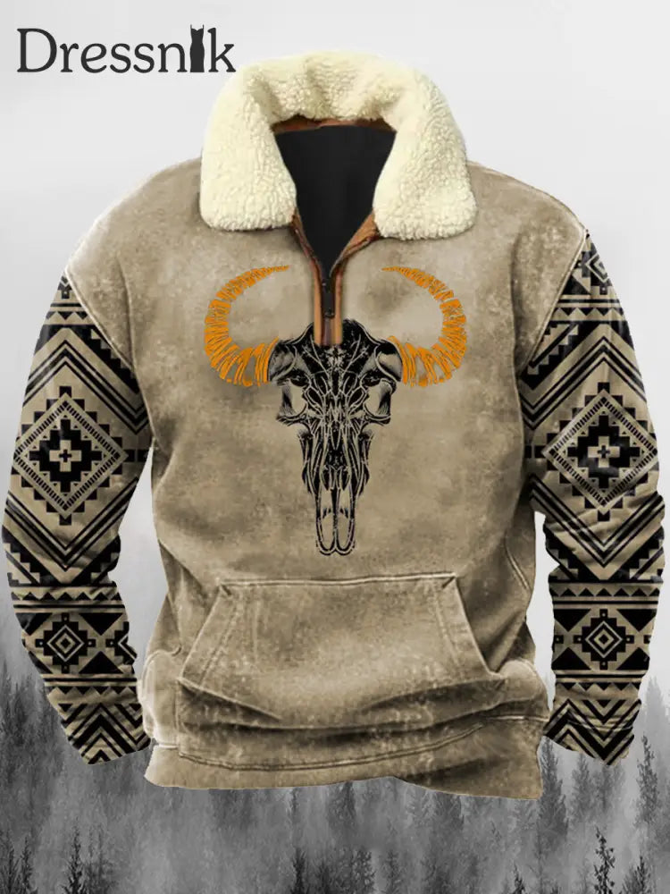 Western Cowboy Bull Skull Bedruckt Revers Fluffy Kragen Reiß Verschluss Lässig Lose Sweatshirt