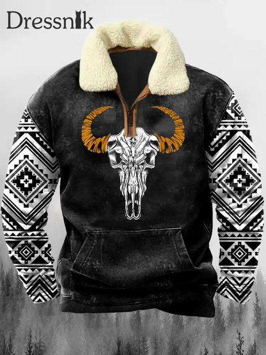 Western Cowboy Bull Skull Bedruckt Revers Fluffy Kragen Reiß Verschluss Lässig Lose Sweatshirt A / S