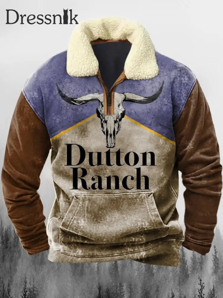 Western Cowboy Dutton Ranch Bedruckt Revers Fluffy Kragen Reiß Verschluss Lässig Lose Sweatshirt