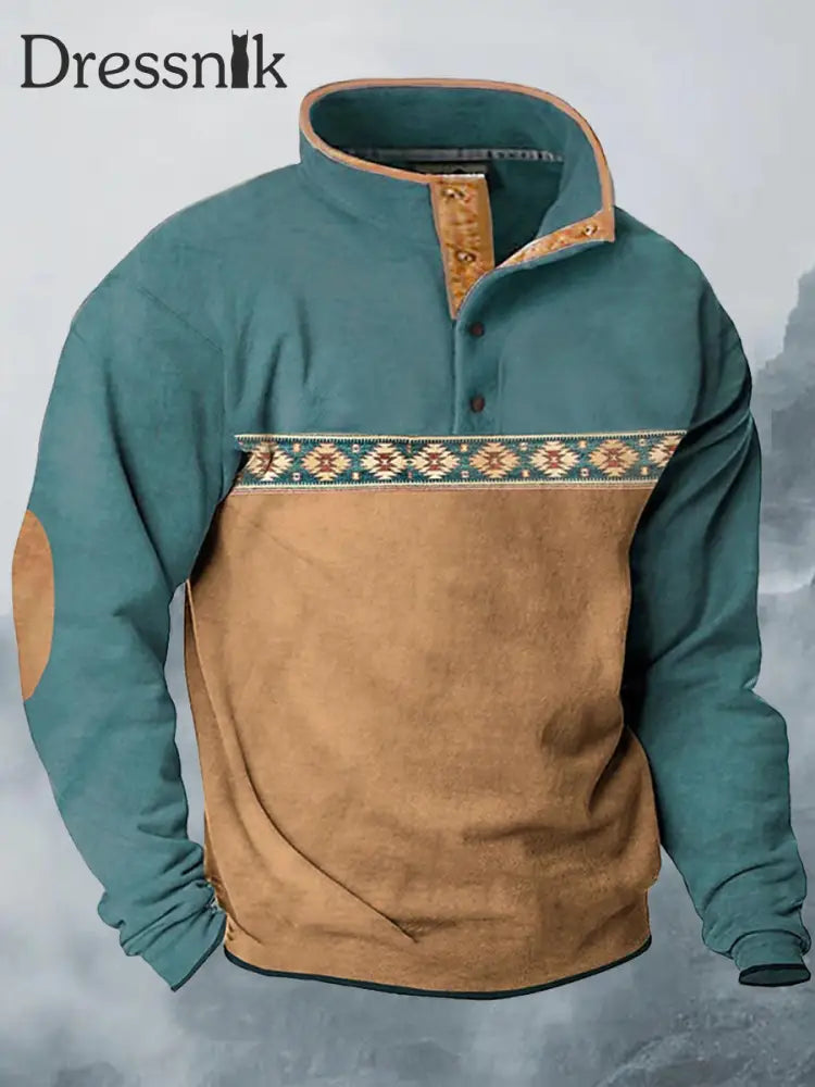 Western Cowboy Ethnic Muster Gedruckt Kontrast Farbe Stand Revers Kragen Button Flush Sweatshirt B