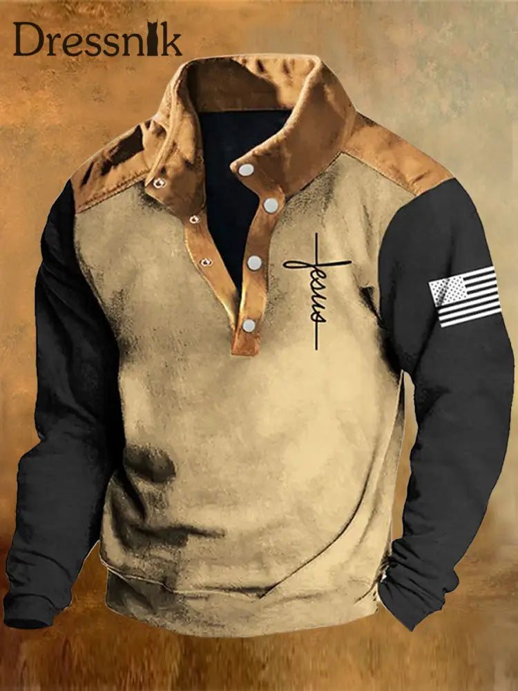 Western Cowboy Faith Flag Bedrucktes Ständer Revers Kragen Knopf Bündig Outdoor Sweatshirt A / S