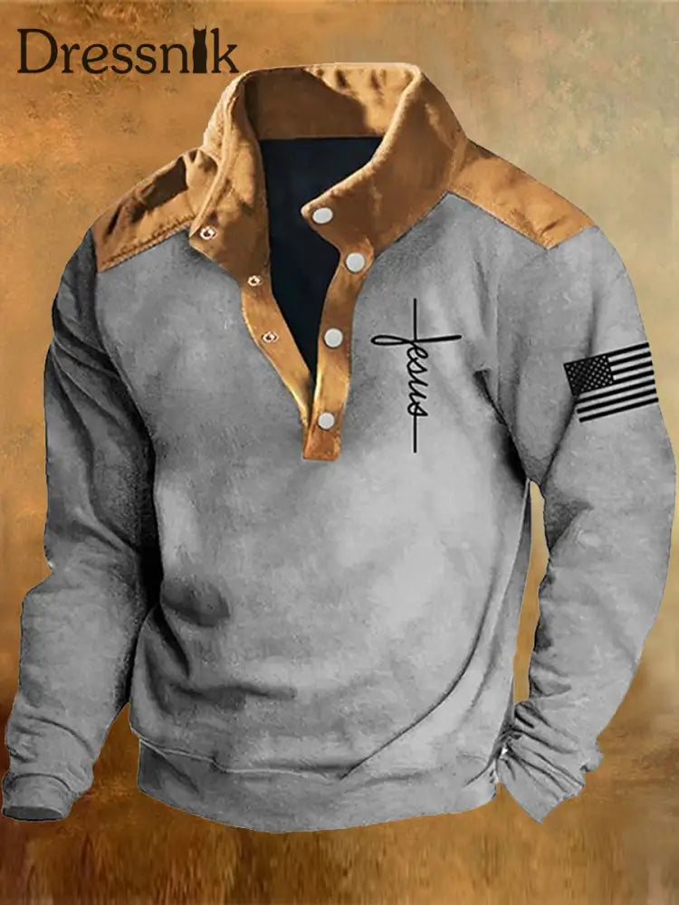 Western Cowboy Faith Flag Bedrucktes Ständer Revers Kragen Knopf Bündig Outdoor Sweatshirt B / S