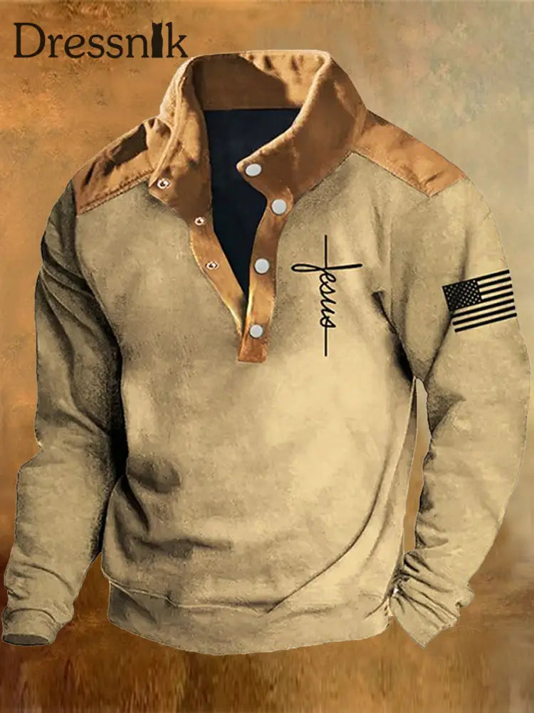 Western Cowboy Faith Flag Bedrucktes Ständer Revers Kragen Knopf Bündig Outdoor Sweatshirt E / S