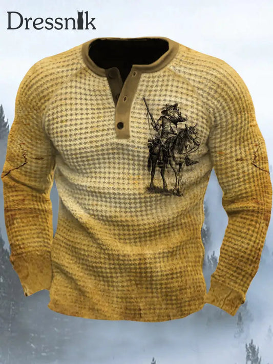 Western Folk Cowboy Bedrucktes Sweatshirt Mit V-Ausschnitt Und Waffel-Karo A / S