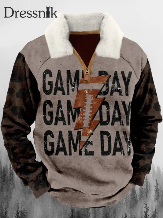 Western Game Day Bedruckte Revers Fluffy Kragen Reiß Verschluss Lässig Lose Sweatshirt A / S