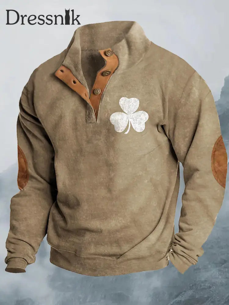 Western Lucky Clover Bedrucktes Ständer Revers Kragen Button Flush Outdoor Sweatshirt B / S