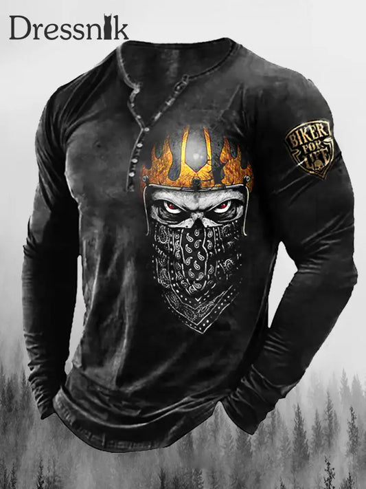 Western Punk Biker Bedruckter V-Ausschnitt Knopf Freizeit Henley Langarm Top A / S