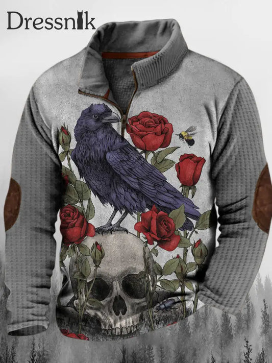 Western Punk Rose Crow Bedruckt Stand Revers Kragen Knopf Flush Outdoor Sweatshirt A / S