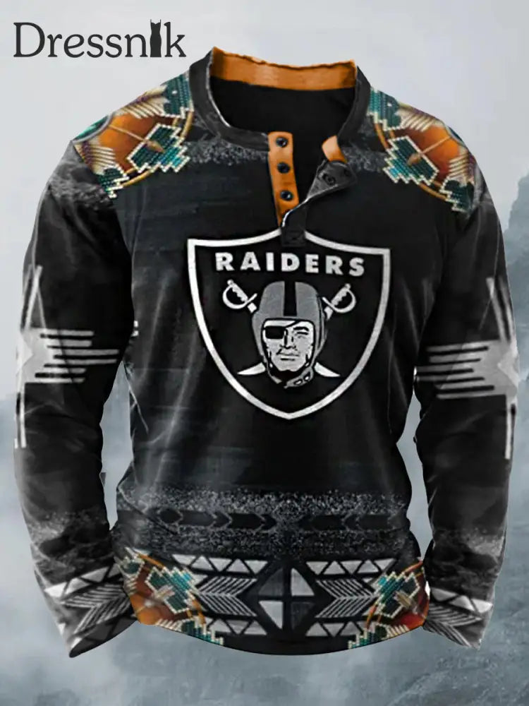 Western Raiders Bedrucktes V-Ausschnitt-Knopf-Freizeit-Sport-Sweatshirt Mit Langen Ärmeln A / S