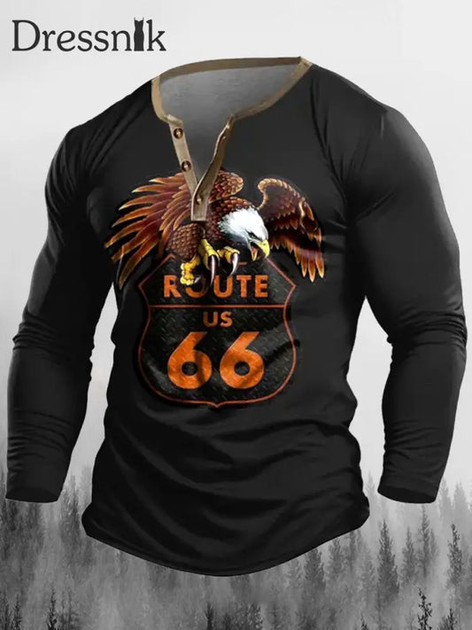 Western Route 66 Adler Bedruckter V-Ausschnitt Knopf Freizeit Sport Langarm Sweat Shir B / S