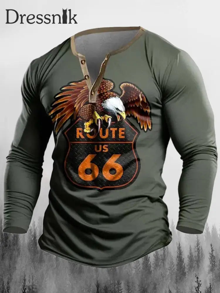 Western Route 66 Adler Bedruckter V-Ausschnitt Knopf Freizeit Sport Langarm Sweat Shir C / S