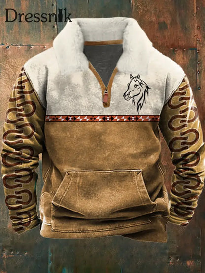 Western War Horse Hufeisen Bedruckt Revers Fluffy Kragen Reiß Verschluss Lässig Lose Sweatshirt