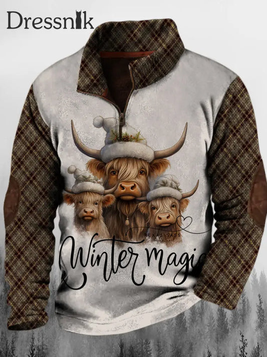 Western Winter Magic Kuh Bedruckt Stand Revers Kragen Button Flush Outdoor Sweatshirt A / S