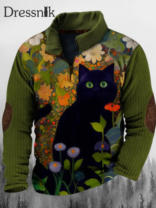 Westliche Blühende Sträucher Katze Bedruckt Stand Revers Kragen Knopf Bündig Outdoor Sweatshirt