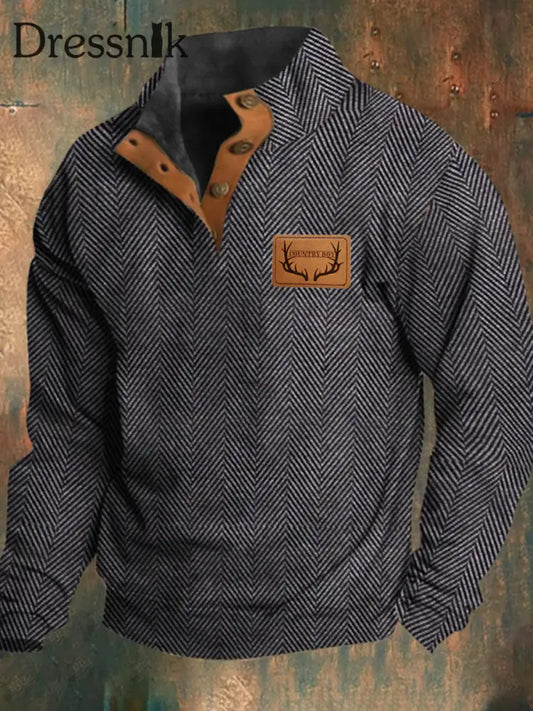 Westliche Jagd Enthusiast Jacquard Fischgräten Design Ständer kragen Sweatshirt als bild / S