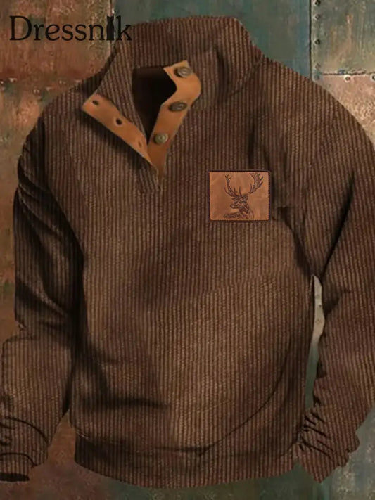 Westlicher Jagd Enthusiast für Männer Jacquard gerippter Ständer kragen Button Down Sweatshirt als bild / S