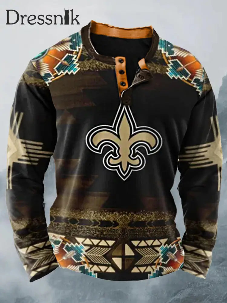 Westliches Fleur De Lis Bedruckter V-Ausschnitt Knopf Freizeit Sport Lang Ärmel Iges Sweatshirt A