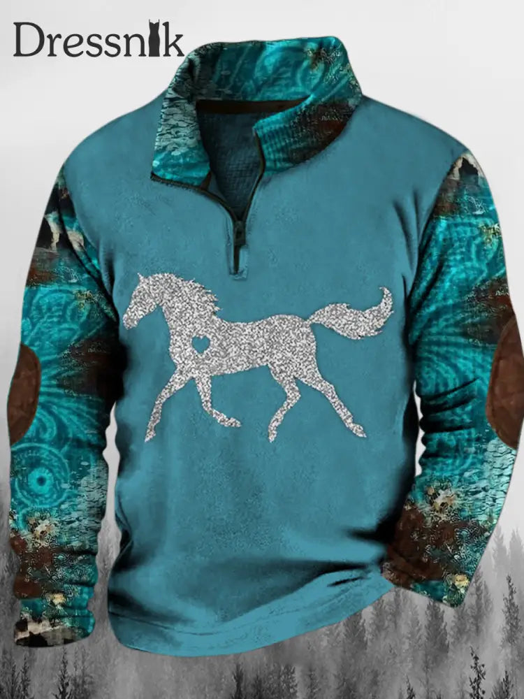 Westliches Pailletten Pferd Bedruckte Ständer Revers Kragen Knopf Bündig Outdoor-Sweatshirt A / S