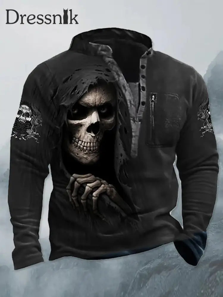 Westliches Punk-Schädel Bedrucktes V-Ausschnitt-Knopf-Freizeit-Henley-Sweatshirt Mit Langen