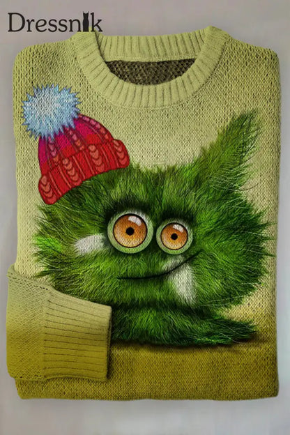 Witziges Tragen Von Weihnachts Mütze Kleine Grüne Monster Katze Print Casual Crewneck Pullover