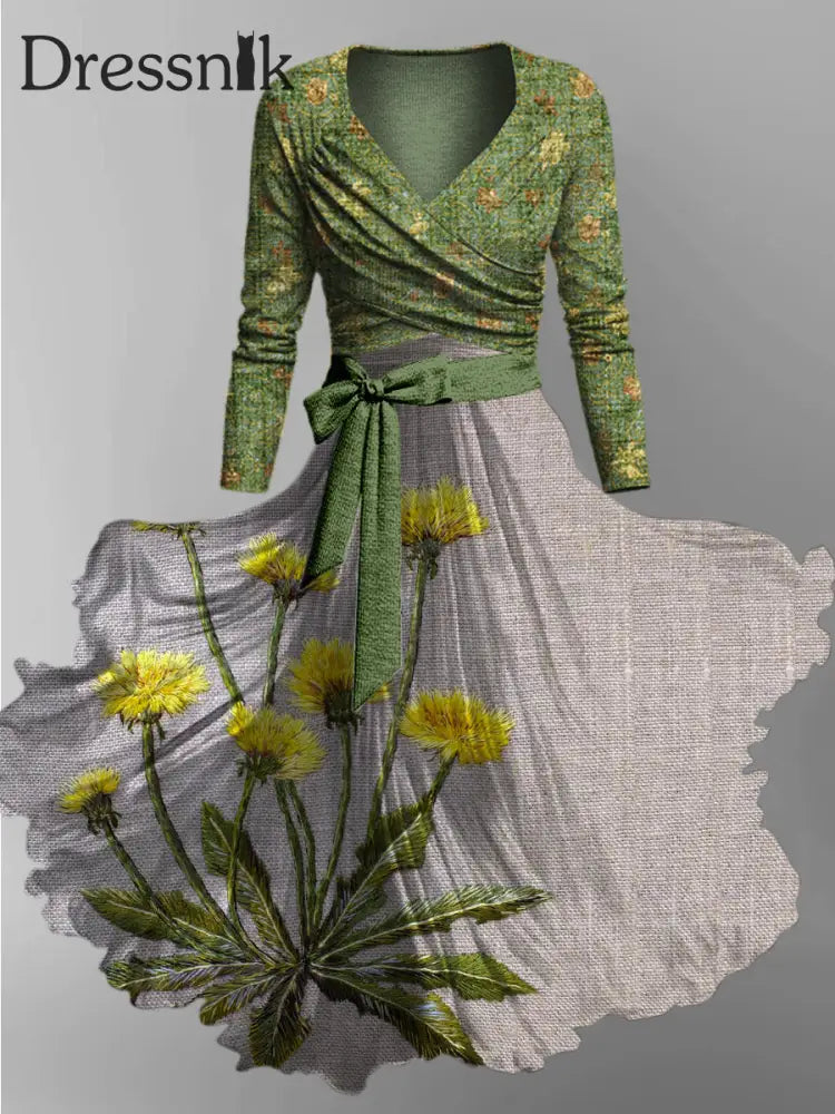Zweiteiliges Midi-Kleid mit Retro-Blumen kunst bedruckt Vintage-Kreuz-Faltblatt-Langarm A / S