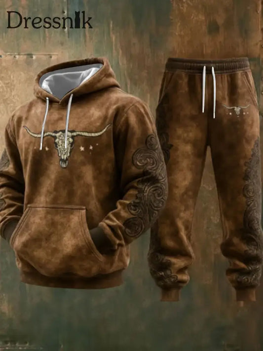 Zweiteiliges Set für Herren im westlichen Stil mit Stier-Kunstdruck Braun / S