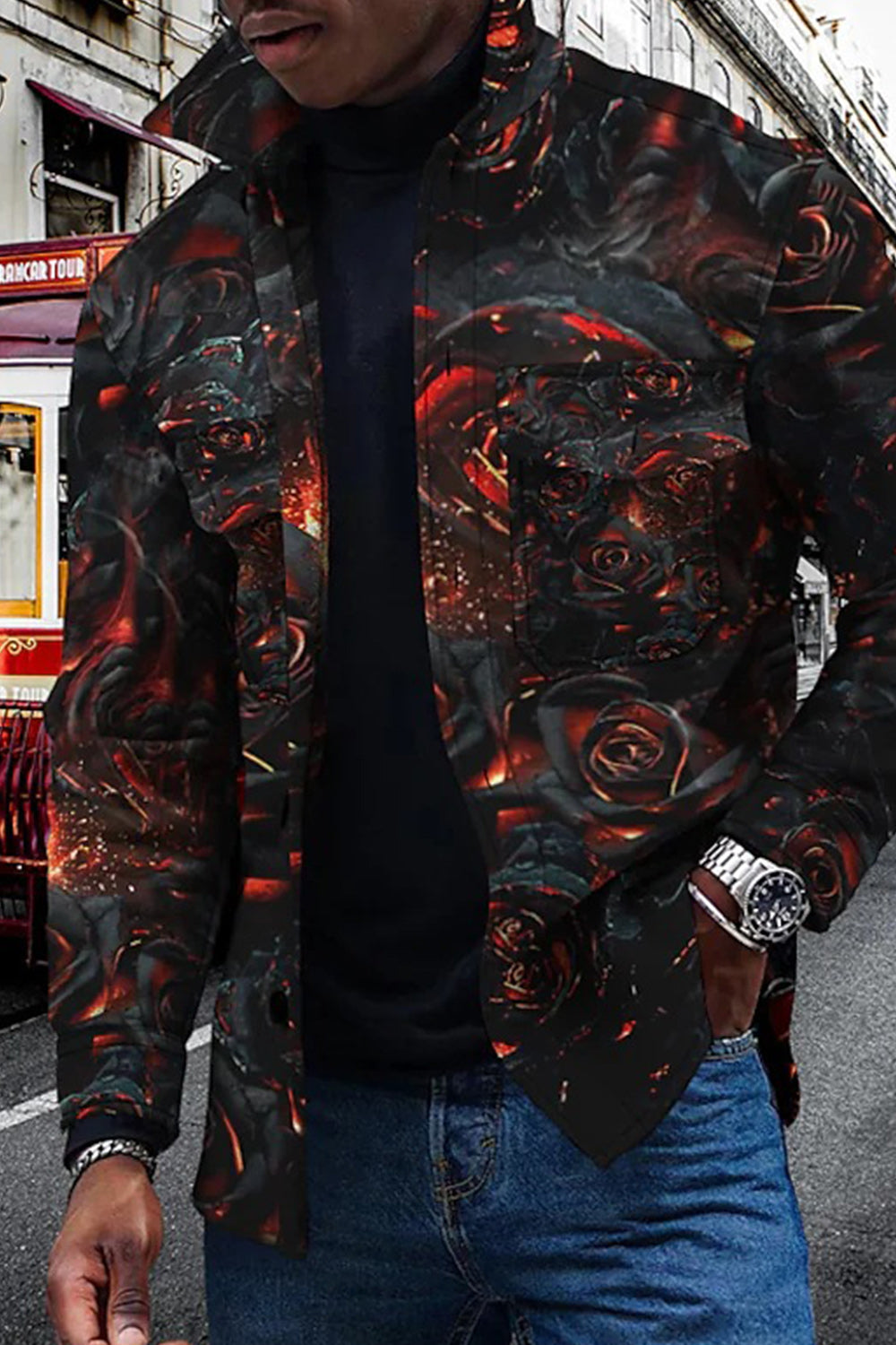 Men's Lapel Abstract Art Geometric 3D Print Button Cardigan Thick Jacket