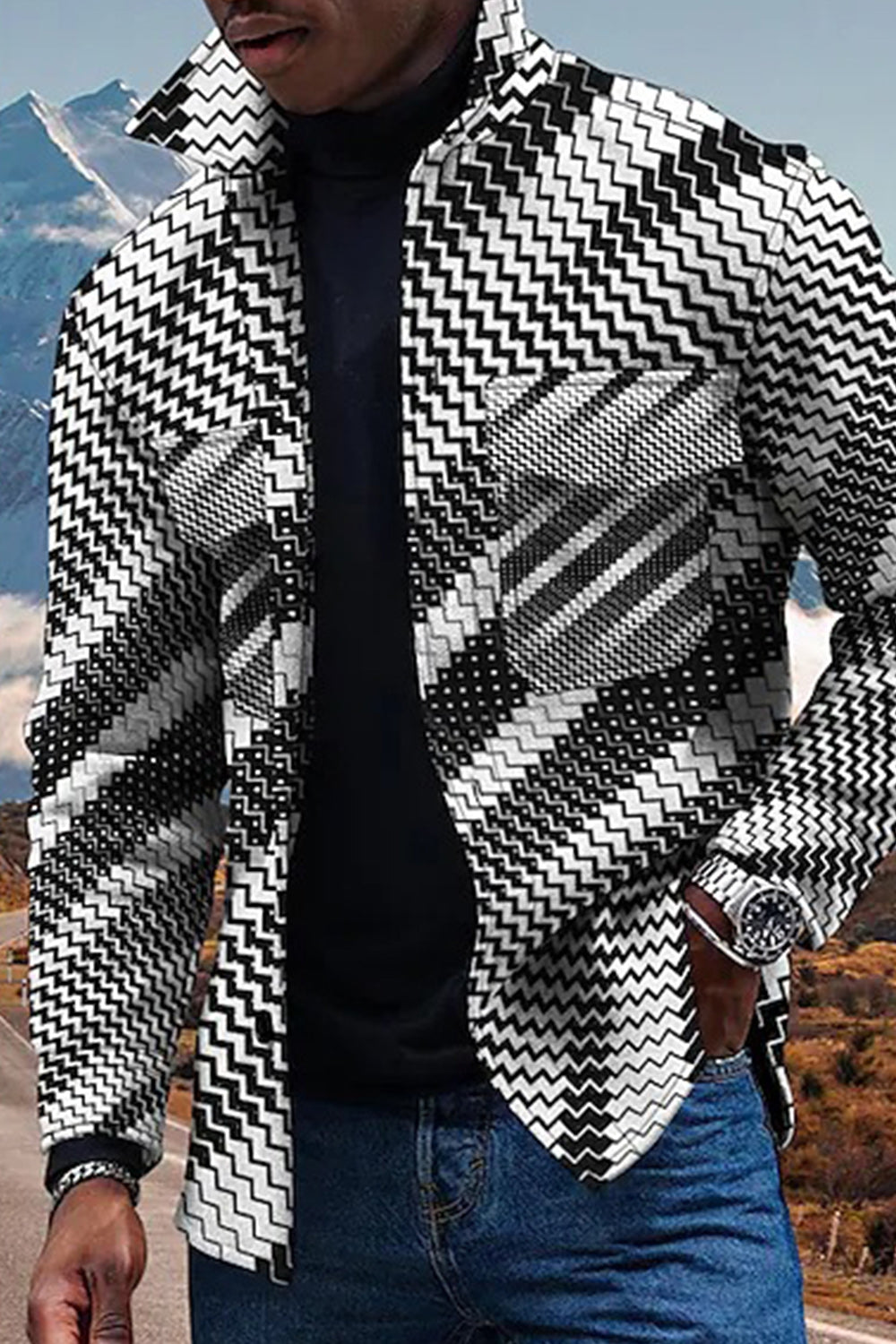 Men's Lapel Abstract Art Geometric 3D Print Button Cardigan Thick Jacket